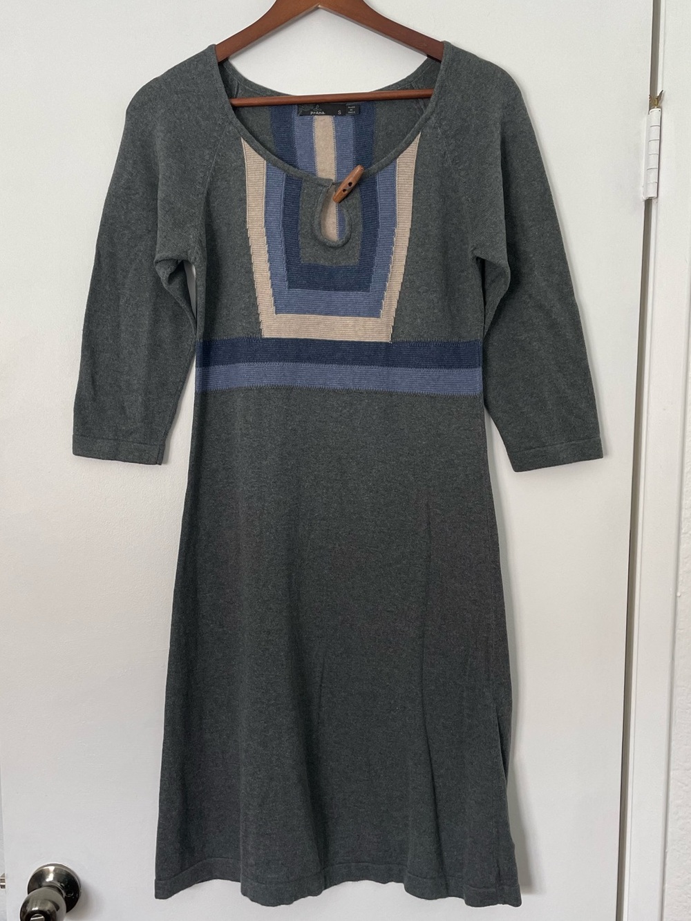 prAna Womens S Organic Cotton Knit Sweater Dress Gray Blue Boho Toggle Tunic